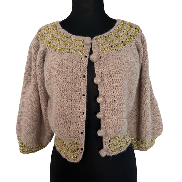 Cache Tan Luxe Metallic Cashmere Wool Blend Top New Sweater Stretch $168 NWT - Picture 5 of 6